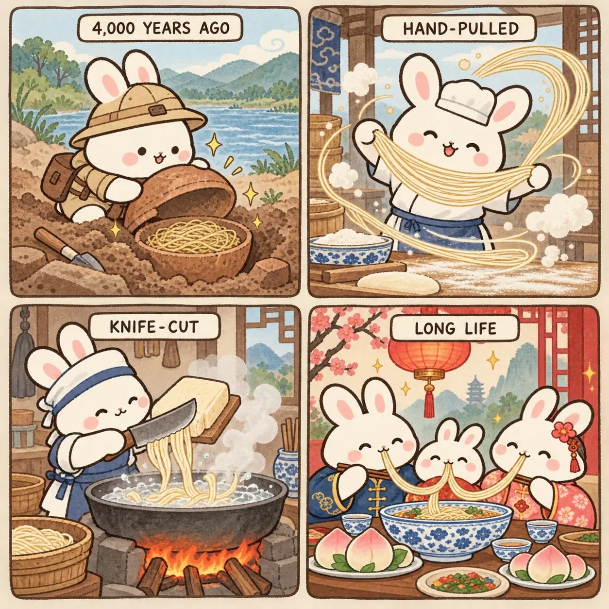 Comic in four panels: a bunny archaeologist finds a 4,000-year-old bowl of noodles by a river, a bunny chef hand-pulls noodles, another shaves knife-cut noodles into a pot, and a bunny family shares one long longevity noodle under a red lantern