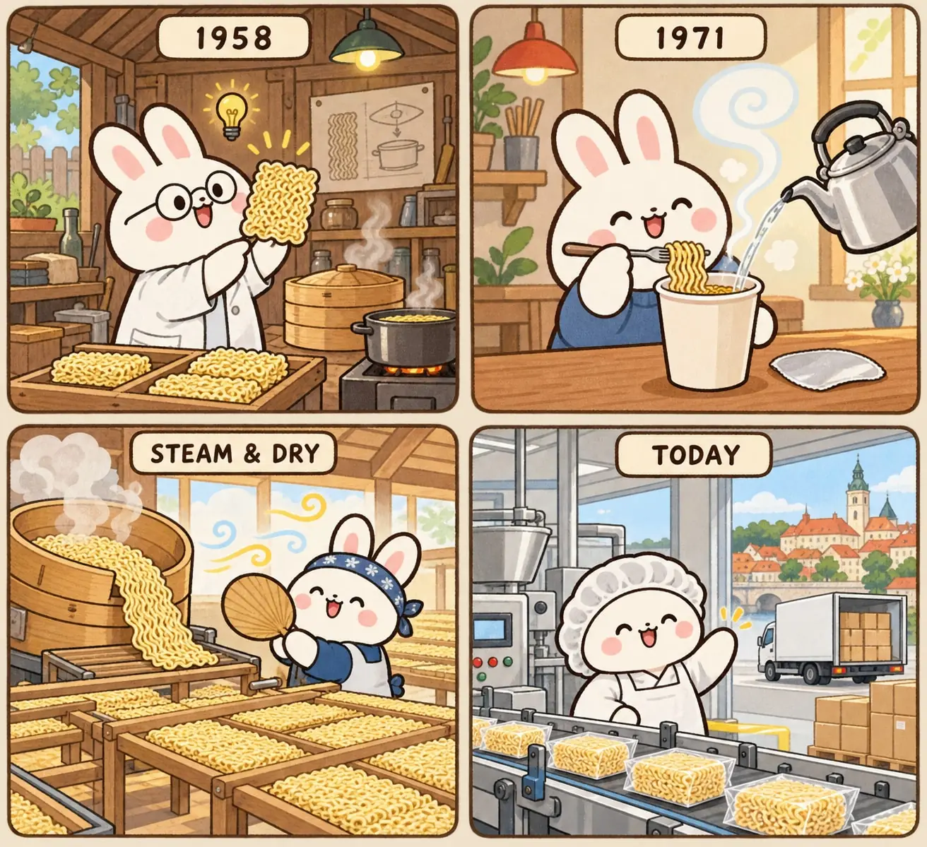 Comic in four panels: in 1958 a bunny inventor holds up the first dried noodle block, in 1971 a bunny eats noodles from a paper cup, steamed noodles dry on racks in warm air, and today a bunny waves next to packed noodles in a small Czech factory